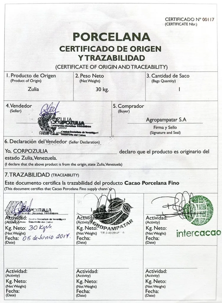 Porcelana cocoa origin and traceability certificate